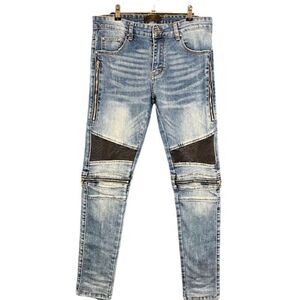 AMIRI MX2 Indigo Blue Moto Biker Zipper Jeans Leather Knees Cobrax RIRI Size 30